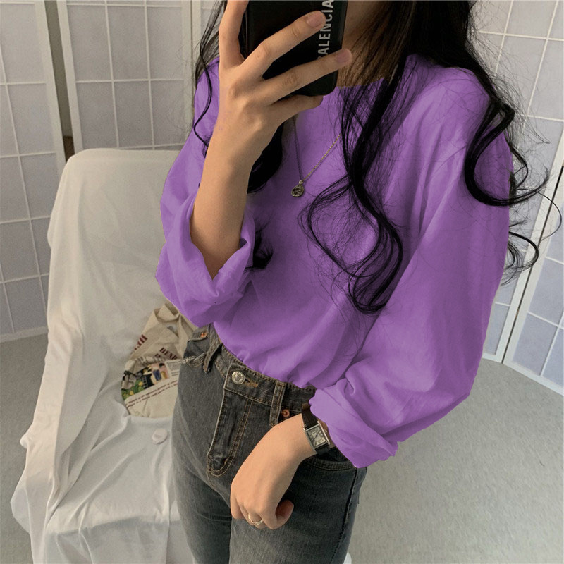Camiseta básica blanca para mujer, estilo BM de manga larga, nueva colección de principios de otoño 2025, versión coreana, camiseta holgada negra con cuello redondo. image 15
