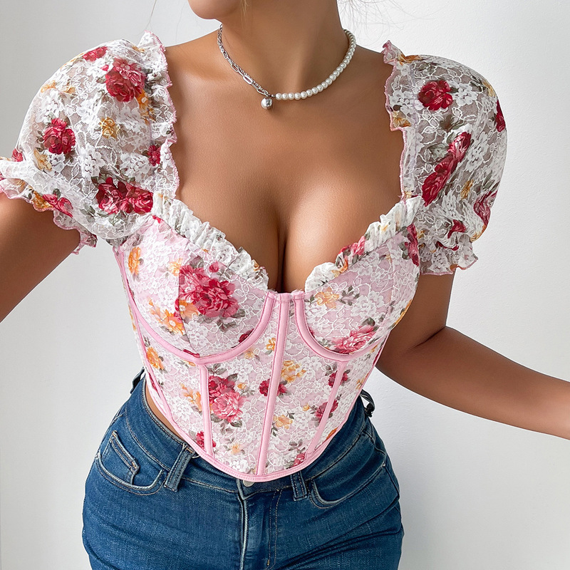 Cross-border foreign trade new French women's fashion bubble sleeve sexy floral short autumn fishbone top 11432