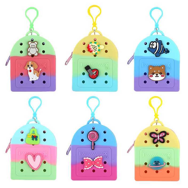 DIY Hole Coin Purse Candy Color with Keychain Kidsren's Cute School Bag Pendant Headphone Bag Silicone Handbag