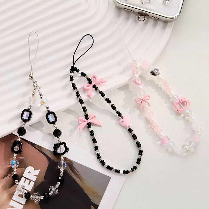 日韩系ins风kitty猫手机挂绳短款链条珠饰防丢ccd相机u盘耳机挂链