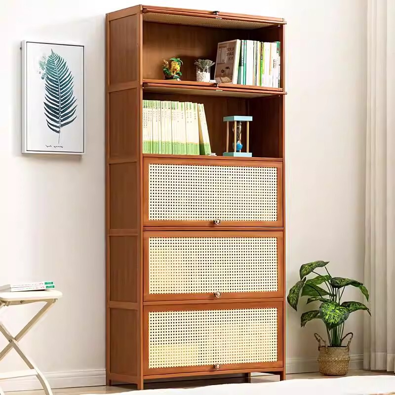 Dust-Proof Bookcase Bookshelf Living Room Study Bookcase Storage Cabinet Flip-Door Imitation Rattan Storage Cabinet Multi-Layer Storage Cabinet