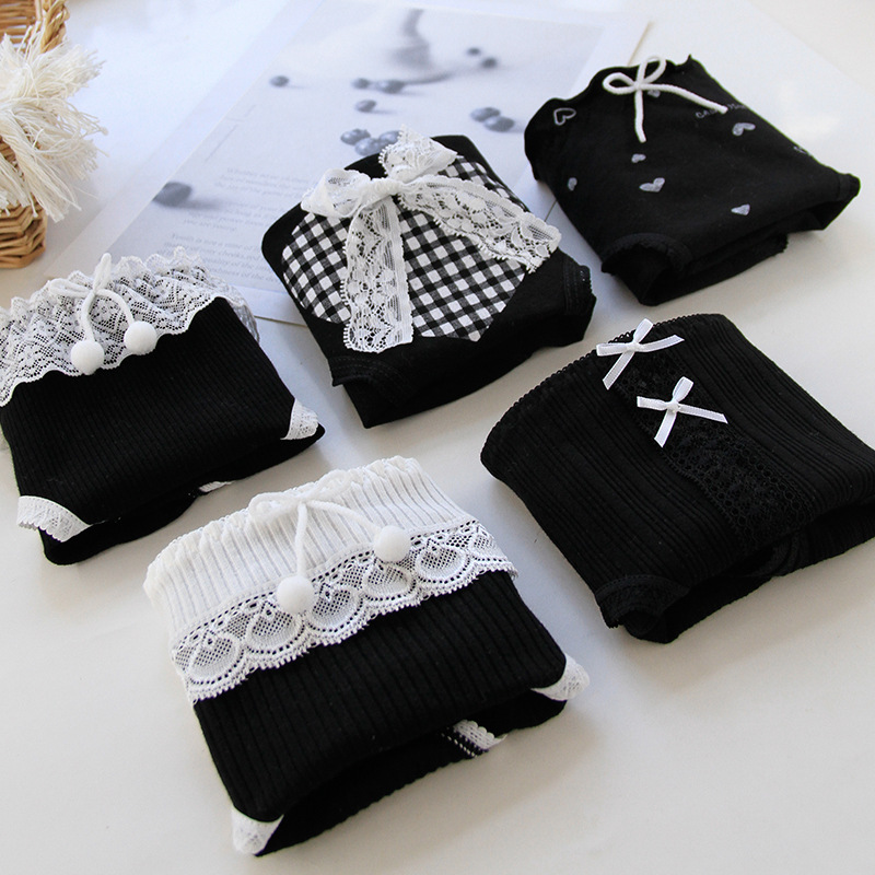 Lace Plaid Love Girl Underwear Student Cotton Crotch Mid-Waist Women's Shorts Women's C- 3 Lolita Black