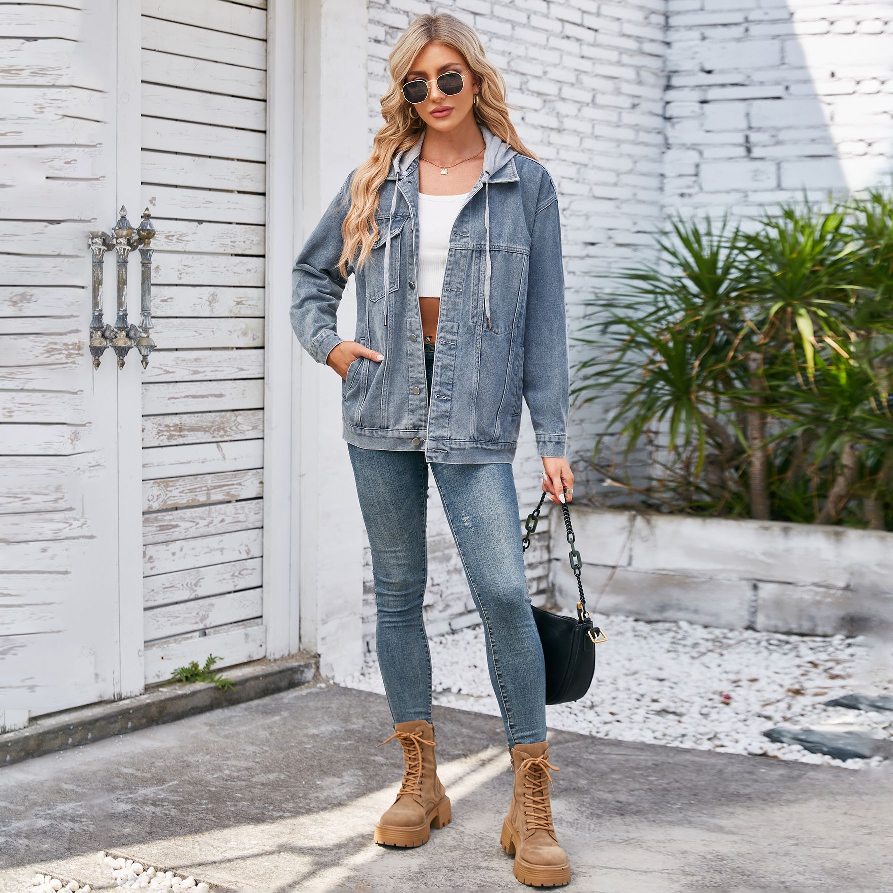 805g Weight Denim Jacket Outerwear Type Long Sleeve Sleeve Length Single Breasted Placket Type Denim Fabric Type Long Top Length Casual Occasion Turndown, Hooded Neckline Loose Fit Type Color Block Pattern Spring, Autumn Season Women's Gender Streetwear Style Women's Streetwear Color Block Single Breasted Denim Jacket 14