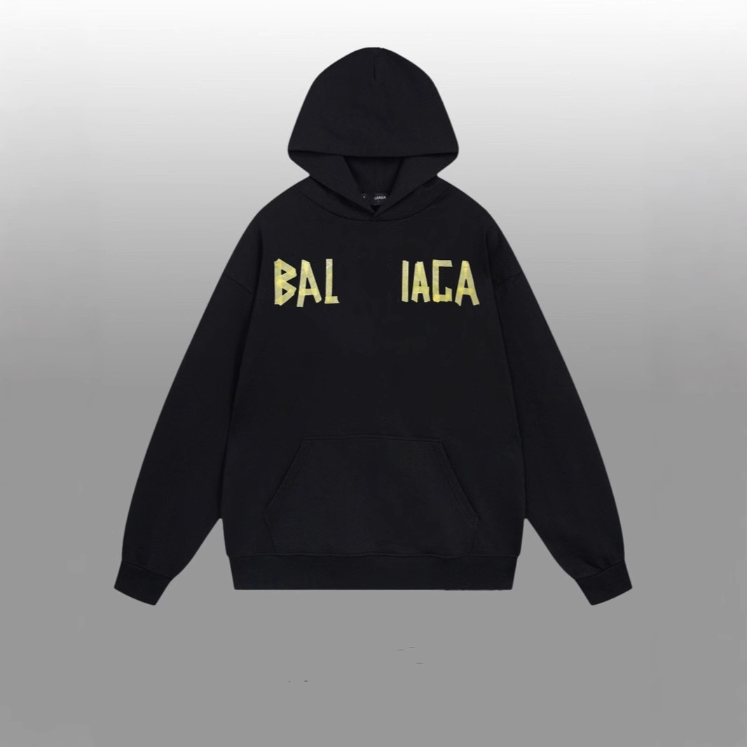 B's Paris 25SS 클래식 모델의 앞면과 뒷면에 더블 B 노란색 테이프 프린트가 있는 남성용 및 여성용 후드 스웨트셔츠, 다용도 OS의 올바른 버전