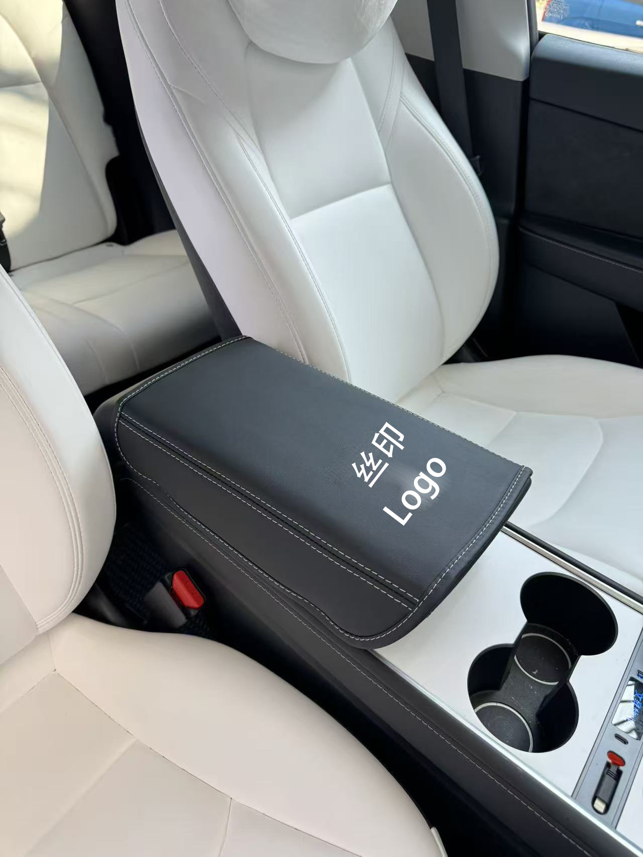 Tesla Model 3/Y | Tesla Armrest box pad - tesla-silk-screen-black-white-line