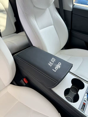 Central Control Leather Armrest Gloves | Armrest box pad - tesla-silk-screen-edition-black-with-white-stitching