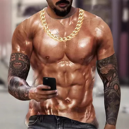 T Shirt, Men's 3D Fake Muscle, Interesting Shorts - Fitness Shirt Breathable Casual Fashion Short Sleeves