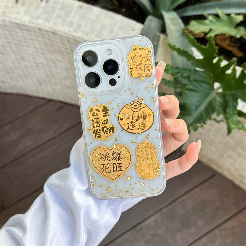 El epoxi transparente estilo ins Lucky Jinbao es adecuado para Apple 16proma festivo iPhone14/15 funda para teléfono móvil 13p