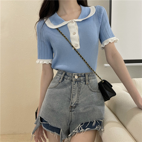 Color-blocked lapel sweater for women spring and summer  new sweet design fungus edge slimming short-sleeved top
