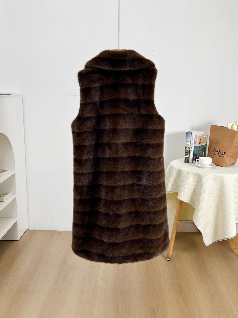 Chaleco de cuello de traje de piel de imitación de otoño e invierno Chaleco superior a rayas de longitud media Chaleco de moda versátil y de moda delgada image 3