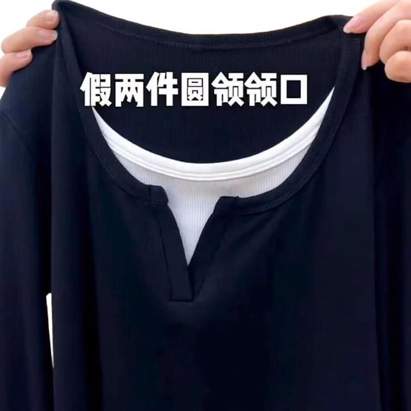纯棉灰色假两件长袖t恤女秋季新款设计感修身内搭打底衫辣妹上衣|undefined