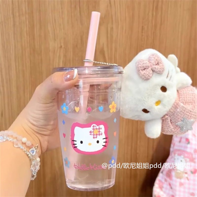 kt凯蒂猫吸管杯女生可爱高颜值水杯便携透明塑料杯学生简约随行杯|undefined