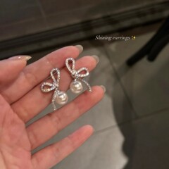 フレンチフルダイヤモンドリボンイミテーションパールイヤリング女性用 925 シルバー針ライト高級ハイエンド 2025 新しいイヤリング