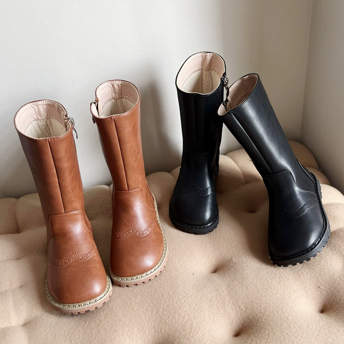 Корейская версия детской обуви для девочек сапоги Мори Винтажные боковые сапоги на молнии