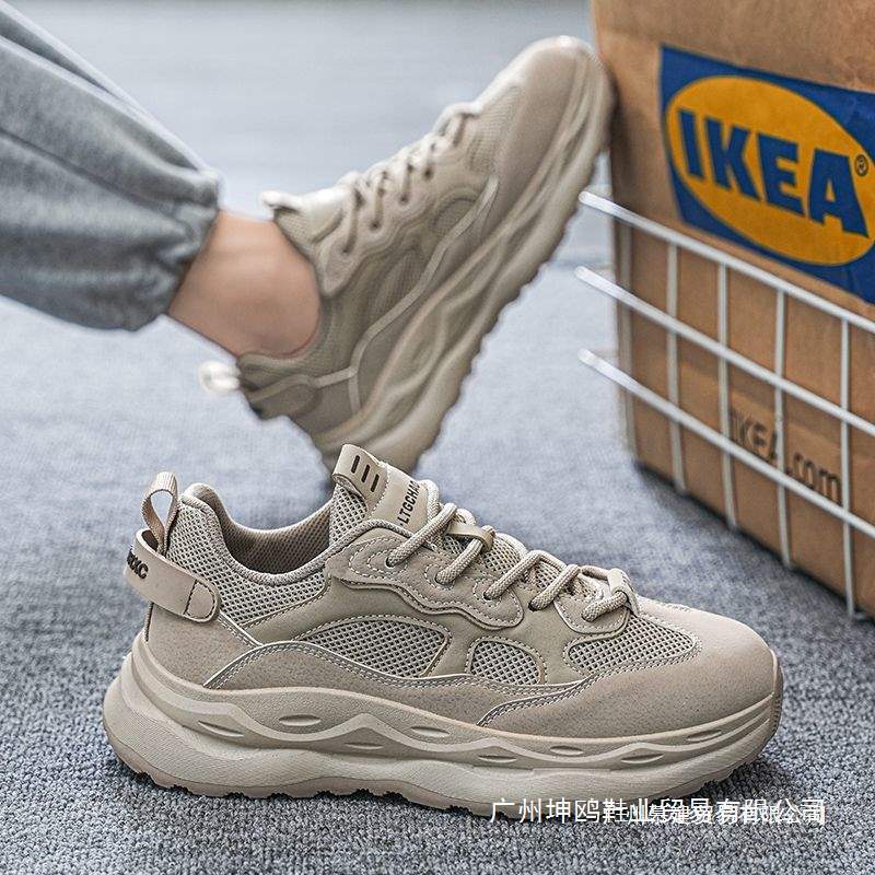 Men's Shoes 2025 New Spring Breathable Non-Slip Mesh Shoes Sports Casual Versatile Running Black Thick-Soled Dad Shoes