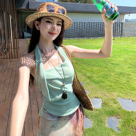 海岛度假风套装女夏季辣妹挂脖背心吊带复古扎染半身裙长裙