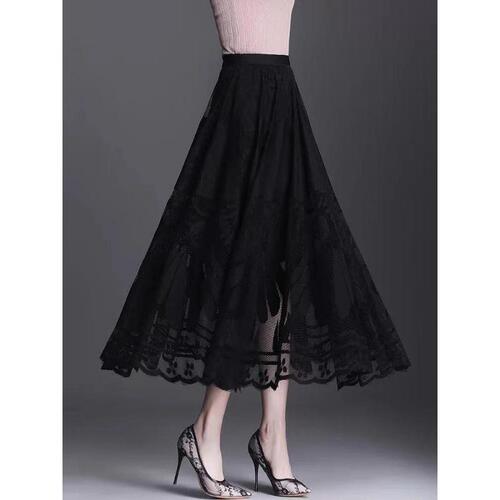 Lace long skirt and skirt for women in spring 2025 new A-line skirt high-waisted slim big hem skirt covering hips pleated skirt