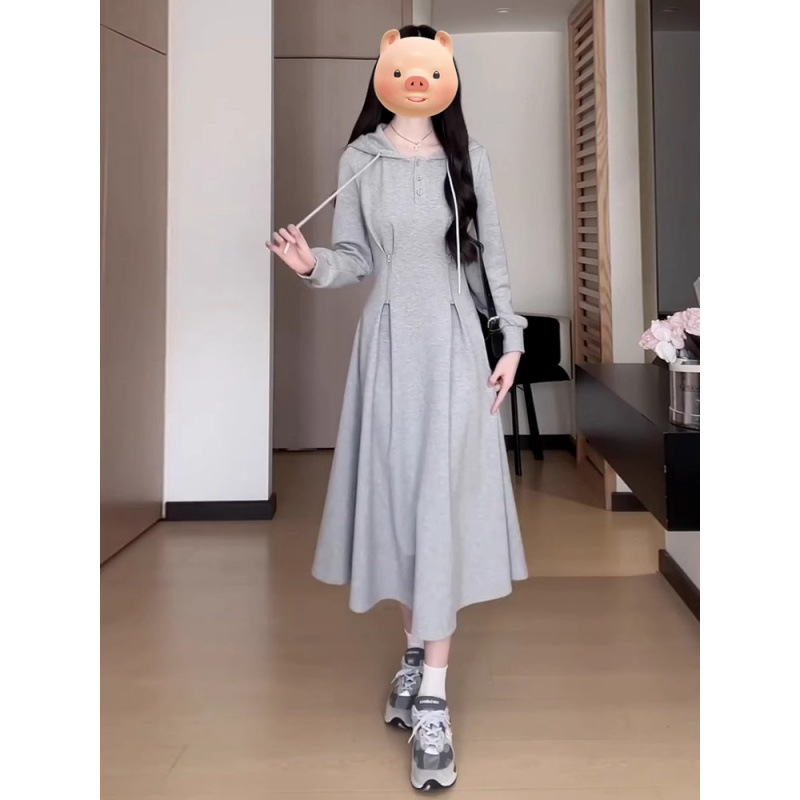 한국 대학 스타일 회색 후드 스웨터 원피스 여성 2024 가을 작은 기질 허리 슬리밍 스커트
