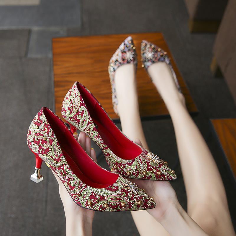 New Women's Red High Heels with Thin Heels 2026 New Versatile Princess Mustard Bride Shoes New Wedding Shoes