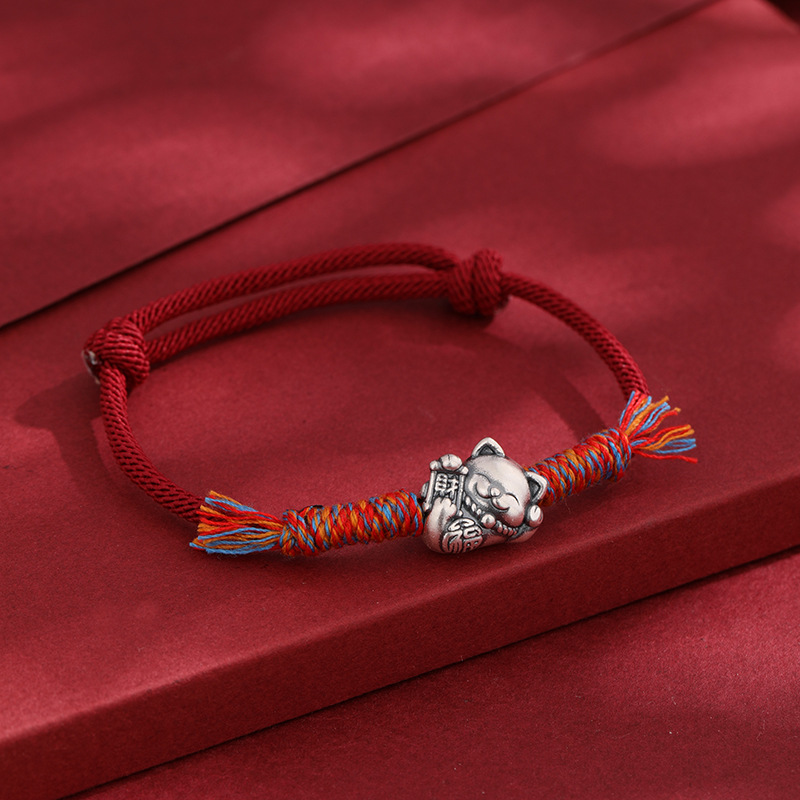 999 pie de plata adorable pulsera de gato de fortuna mujer tejida a mano cuerda roja ajustable este año de vida cuerda de mano regalo de Año Nuevo masculino
