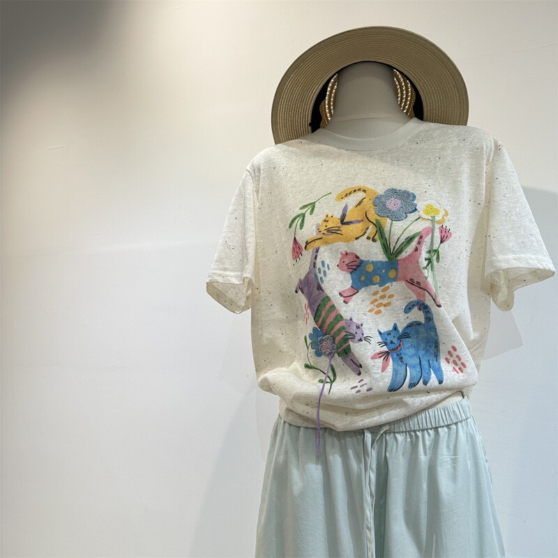 【Cat Party】Heavy-Duty 3D Towel Embroidery Floral Print Short-Sleeve T-Shirt, Loose-Fitting Dotted Yarn Snowflake Cotton Tee