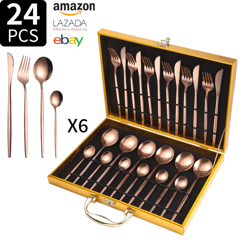 Juego de cuchillo y tenedor de comida occidental portuguesa de acero inoxidable de Amazon transfronterizo Juego de 24 piezas de bistec, cuchillo, tenedor, cuchara, cuchara, juego de cuchara de postre