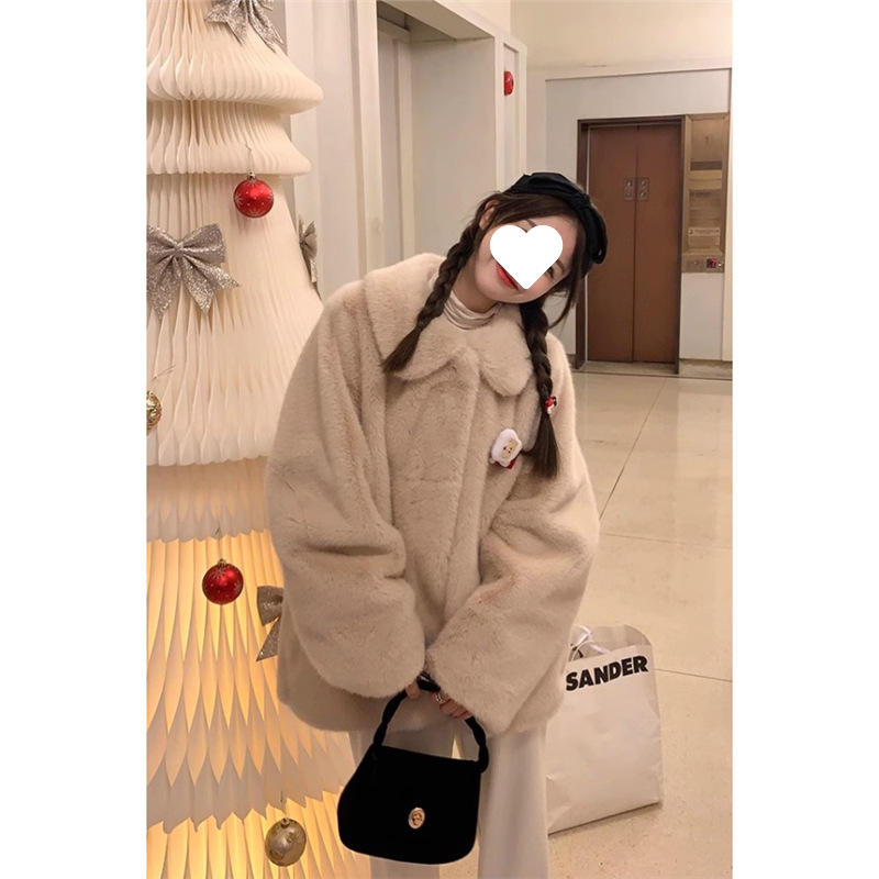 小白熊仿皮草外套女中长款宽松翻领环保水貂毛加厚毛绒大衣冬季