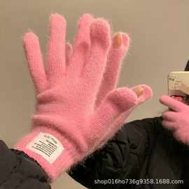 针织毛线手套女冬季新款五指兔毛学生ins潮流保暖纯色百搭情侣男