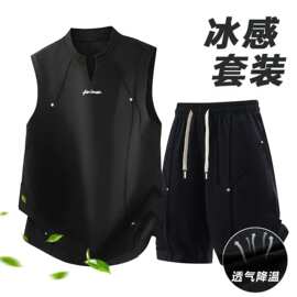 北疆狼运动休闲风百搭套装夏季宽松大码胖子铆钉压褶男士短袖短裤