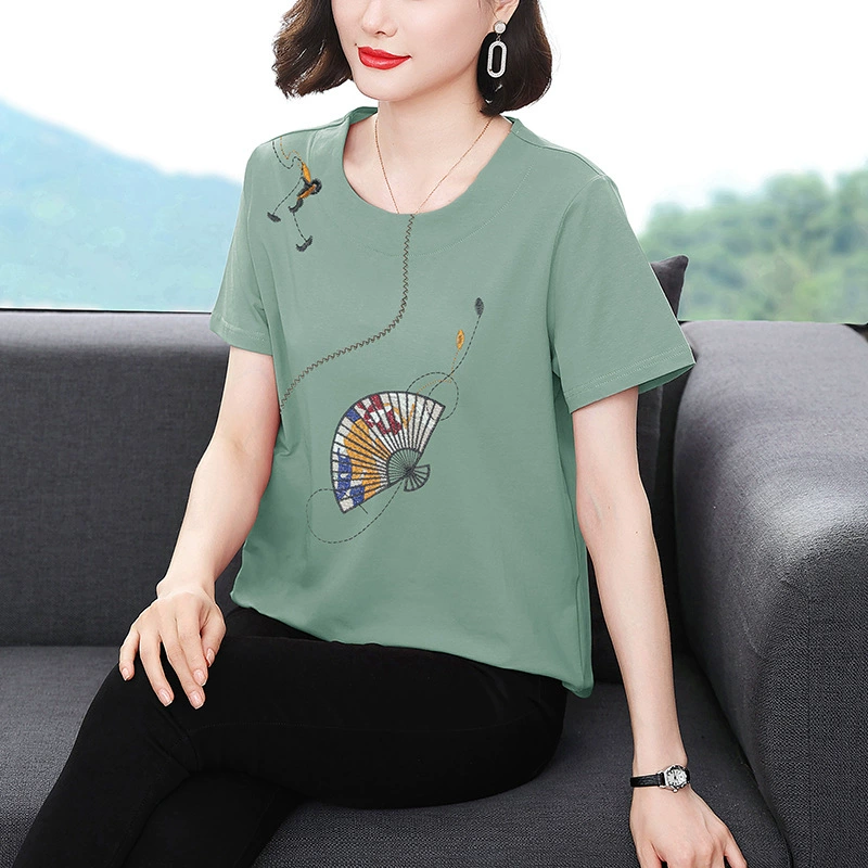 Летняя футболка с круглым вырезом и короткими рукавами, Женский пуловер, универсальный 2023, Новый Повседневный женский элегантный топ больших размеров с вышивкой