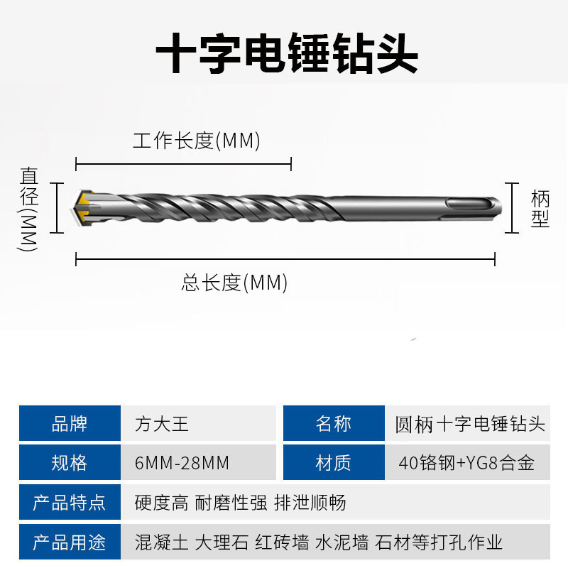 規格品の方大王の十字のハンマーの衝撃のドリルの混合の土の穴を開けて延長して壁の丸い柄の四刃のドリルを通して|undefined