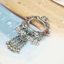 台湾工艺925银蛋形吊坠空托20*15女款镶嵌蜜蜡绿松项坠托蒙古族