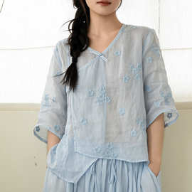 中国风刺绣文艺纯苎麻上衣女2026夏装宽松中式盘扣茶服苎麻衬衫