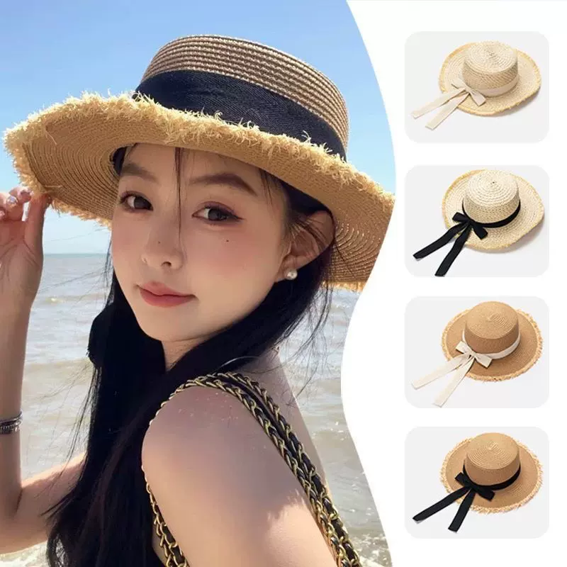 蝴蝶结毛边平顶草帽女夏海边沙滩度假日式夏威夷太阳编织遮阳帽子