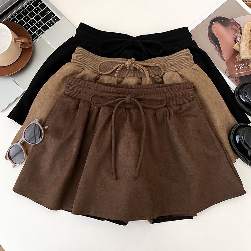 Retro Fashion Simple Drawstring High Waist Slim Deerskin Velvet Skirt Anti-Exposure Short Skirt A-Line Skirt for Women Autumn and Winter