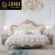 法式新古典复古布艺双人床描金雕花1.8米主卧婚床欧式桦木家具