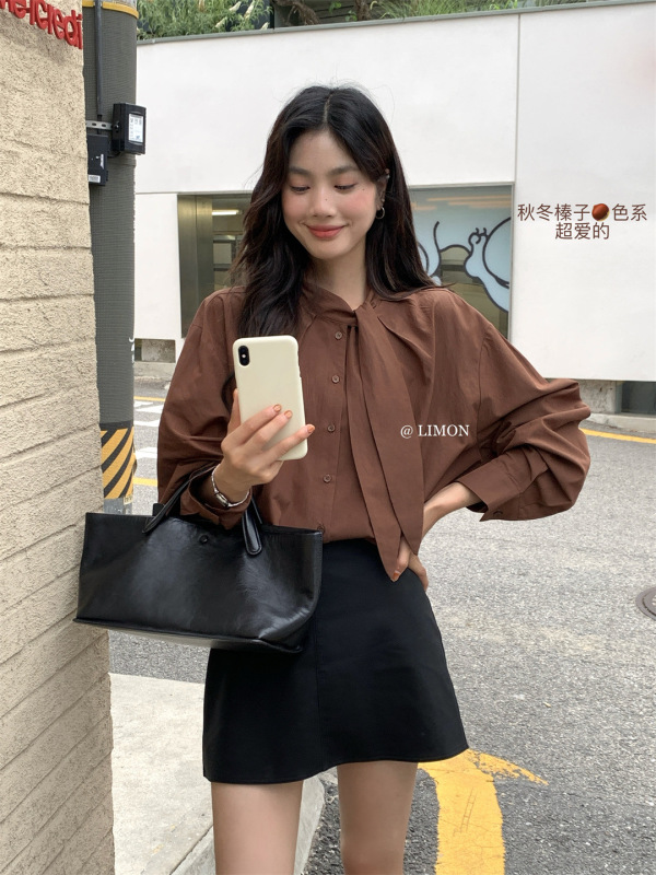 柠檬绿茶领结衬衫女2025秋季新款气质立领长袖衬衣设计感小众上衣|undefined