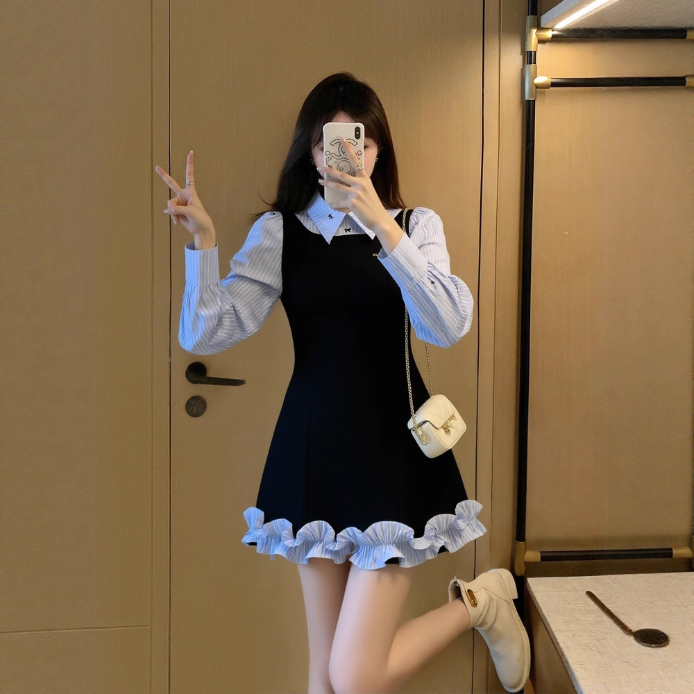 H25078 Korean Preppy Style Fake Two-Piece Dress for Women Early Autumn New Style This Year's Popular Hot Style High-End Short