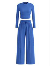 A 40163 Ribbed Crop Top Wide Leg Pants Set ����������װ