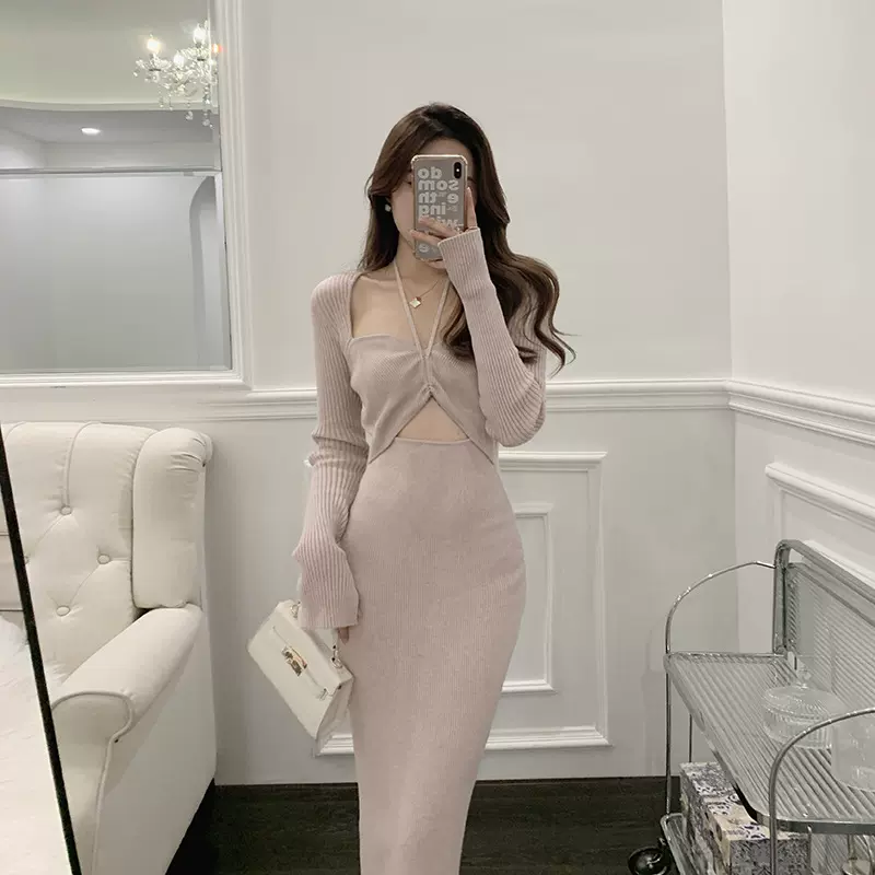 新季女神 系带挂脖包臀连衣裙/显瘦纯欲短上衣修身长裙