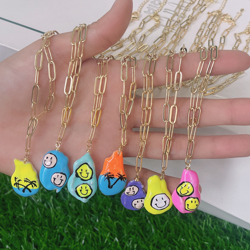 Fashion Irregular Smiley Face Imitation Pearl Copper Necklace Gold Plated Copper Necklaces