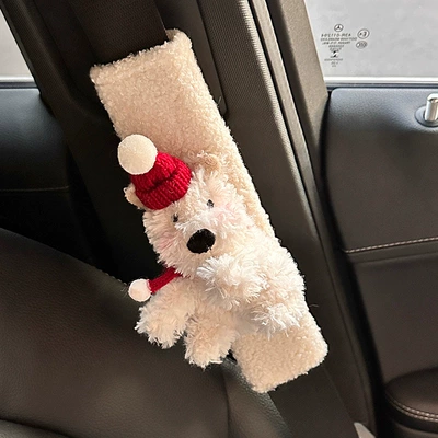 Sürətlər qutusu və əl tormozu başlıqları — Cover Decoration High-End Girls Car - red-scarf-red-hat-velvet-dog-white-teddy-velvet-shoulder-pads