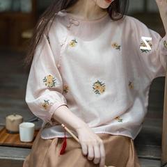 オリジナル中国式夏シャツレディース満底刺繍天糸斜襟泡袖ブラウス【浅夏未央】