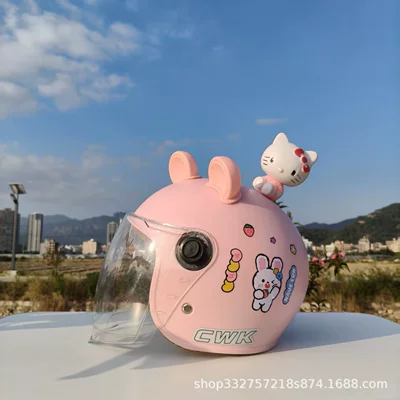National Standard 3C Certified Kidsren's Helmet Autumn and Winter Battery Car Helmet Motorcycle Half Helmet Winter Warm Ear Protection Helmet (Motosiklet kaskı (dəbilqə)) - pink-bunny-high-definition-long-mirror-pink-bear-ears-kt-cat-boy-suitable-for-small-helmets-aged-1-5-years-old