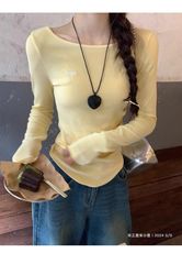 【260グラム人綿モーデール】蝶結び刺繍長袖tシャツ女性修身インナーシャツ上着黄色