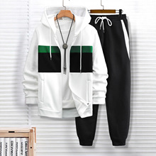 亚马逊男士卫衣套装春秋撞色拼接拉链连帽外套休闲运动长裤两件套