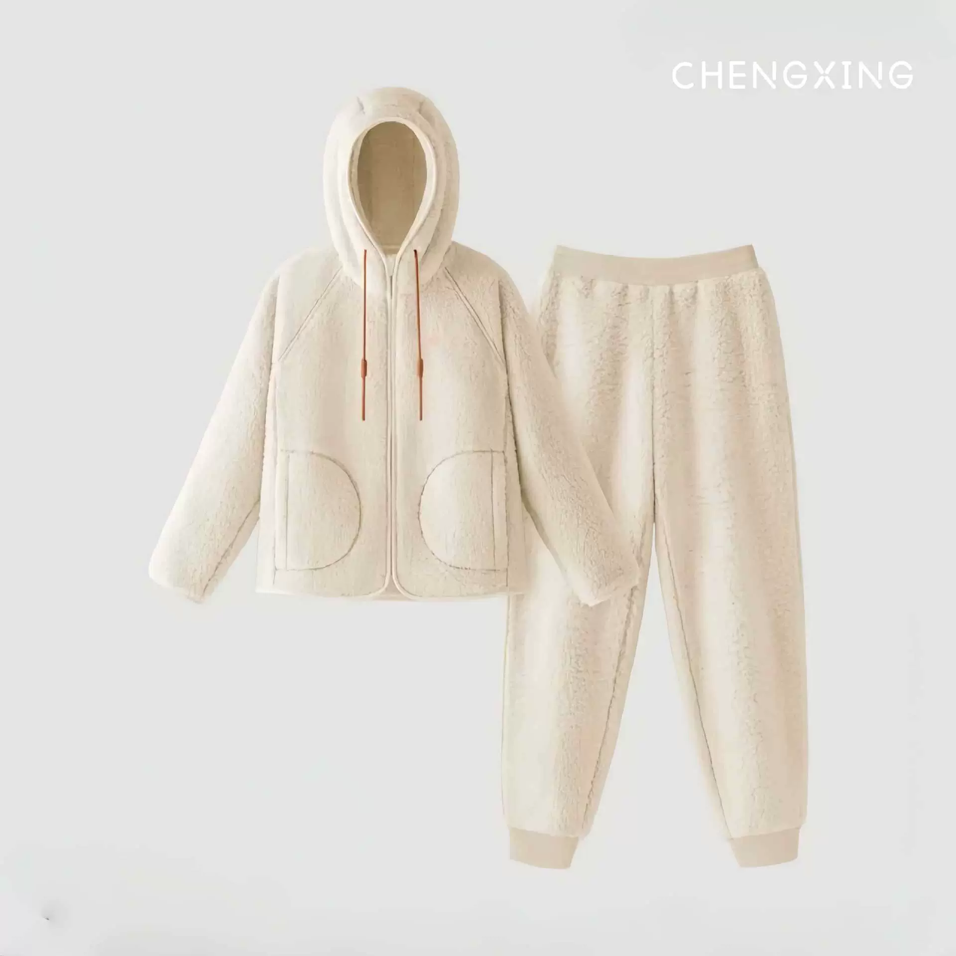 加绒加厚羊羔绒睡衣男女秋冬加厚连帽保暖可外出家居服套装时尚