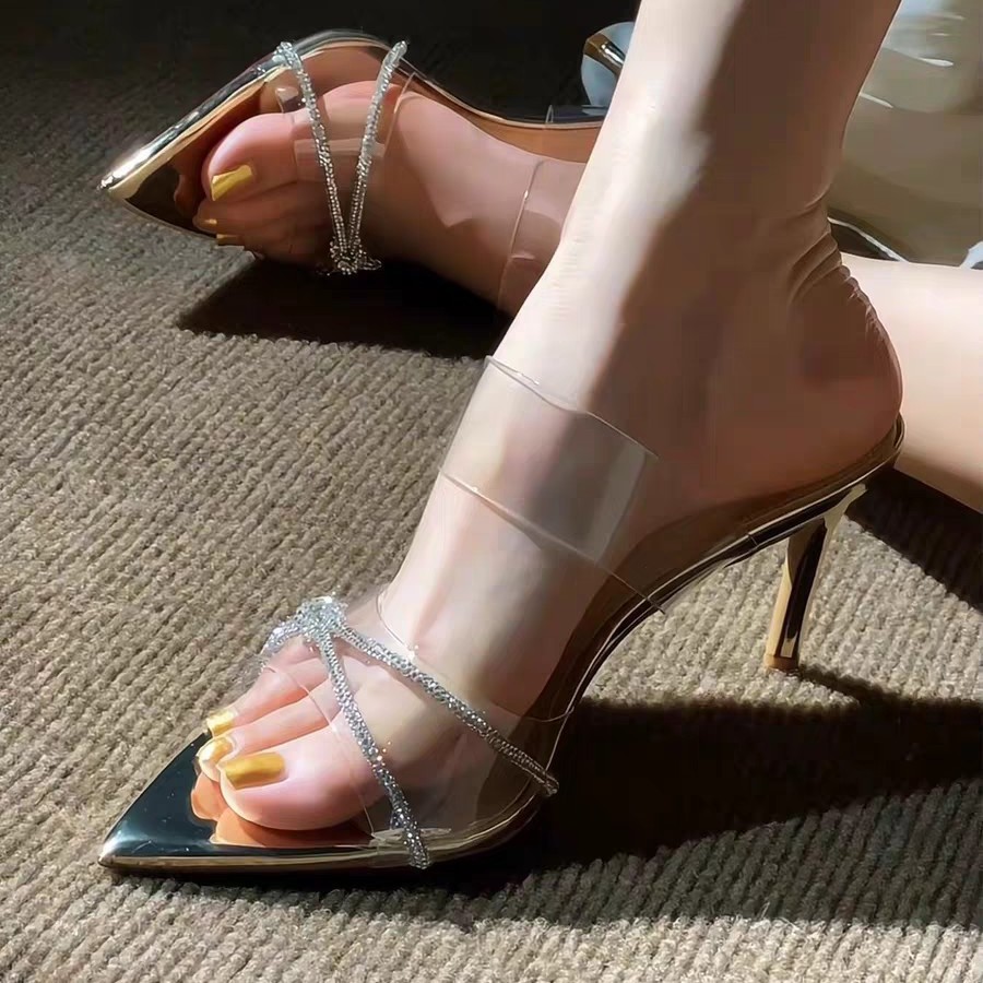 Fashionable Pointed Toe Stiletto Heel Rhinestone Summer Transparent Sandals High Heels 2025 New Style Women's Outer Wear Foreign Style Slippers Silver