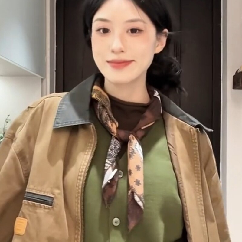 复古文艺咖色渐变腰果花丝巾时尚多用途系脖小方巾个性气质颈饰女|undefined