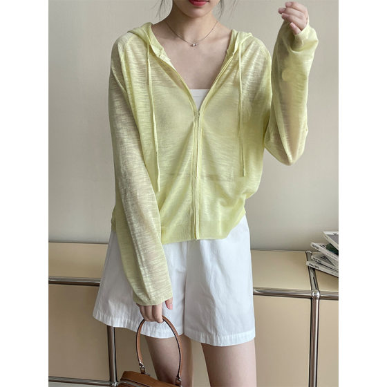 Aokawa Summer Thin Hooded Knitted Cardigan Women's Lazy Style Zipper Micro-transparent Sun Protection Top XS8102